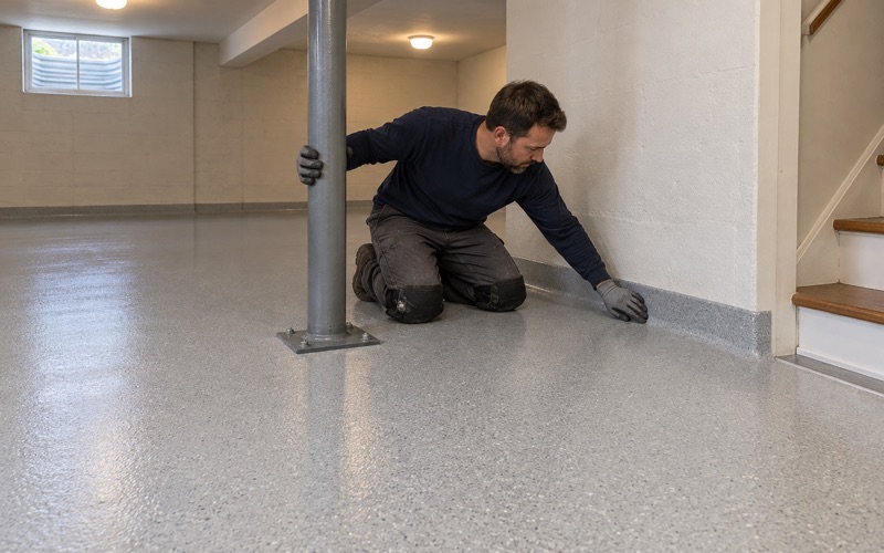 A light gray quartz epoxy basement floor in a Mount Prospect ranch, turned up into a coved base at the foundation wall.