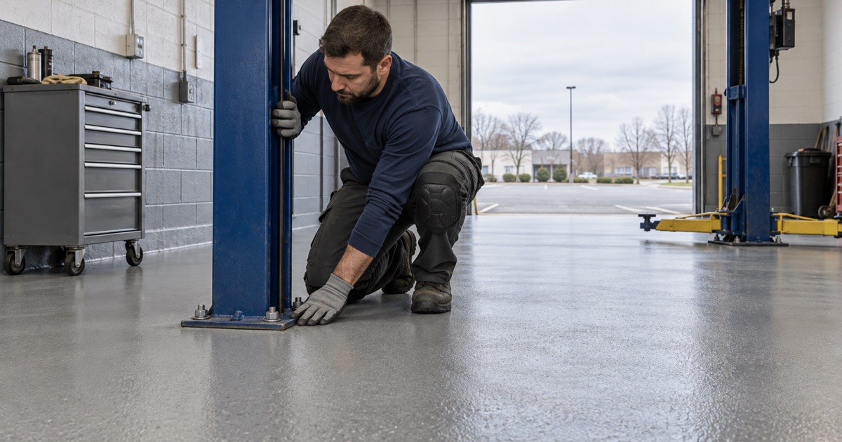 A gray epoxy floor around a two-post vehicle lift in a Mount Prospect auto service bay.