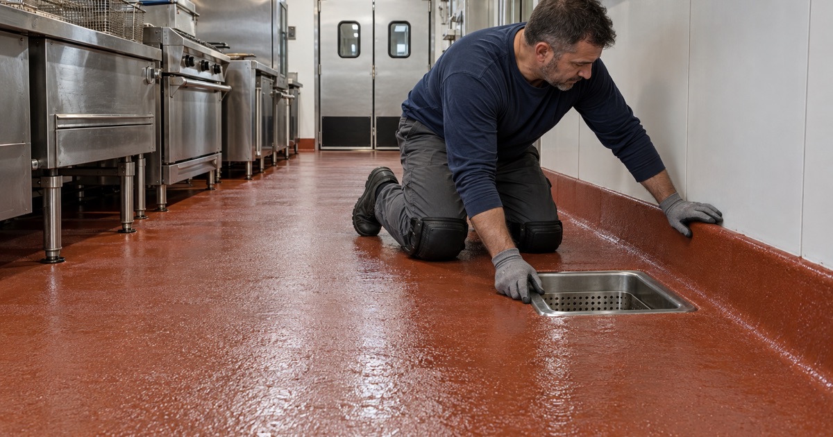 A urethane cement restaurant kitchen floor coved up the wall and sloped into a floor sink under the cook line in Mount Prospect.
