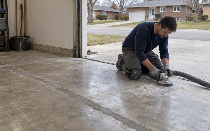 A chased crack and spalled patch filled with repair mortar and ground flush in a Mount Prospect garage before coating.