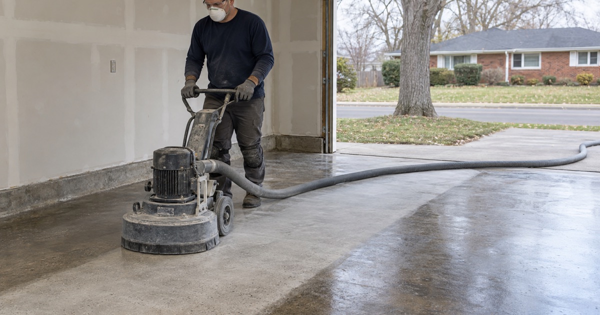 A walk-behind planetary grinder with dust capture opening up an old sealed garage slab in a Mount Prospect ranch.