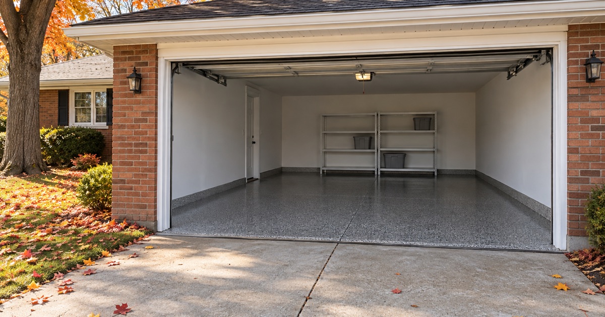 A finished charcoal and gray flake floor in the attached garage of a Mount Prospect brick ranch on a bright autumn afternoon, the door raised.