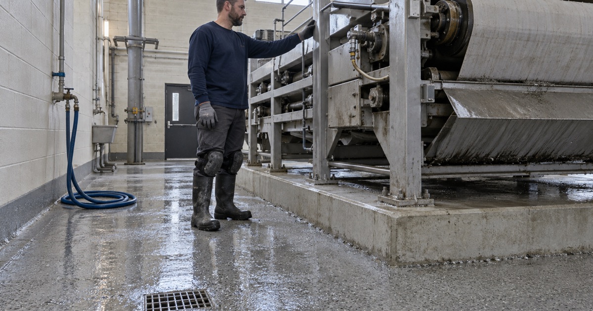 A textured, hosed-down floor beside the belt filter press in the Bensenville wastewater treatment plant.