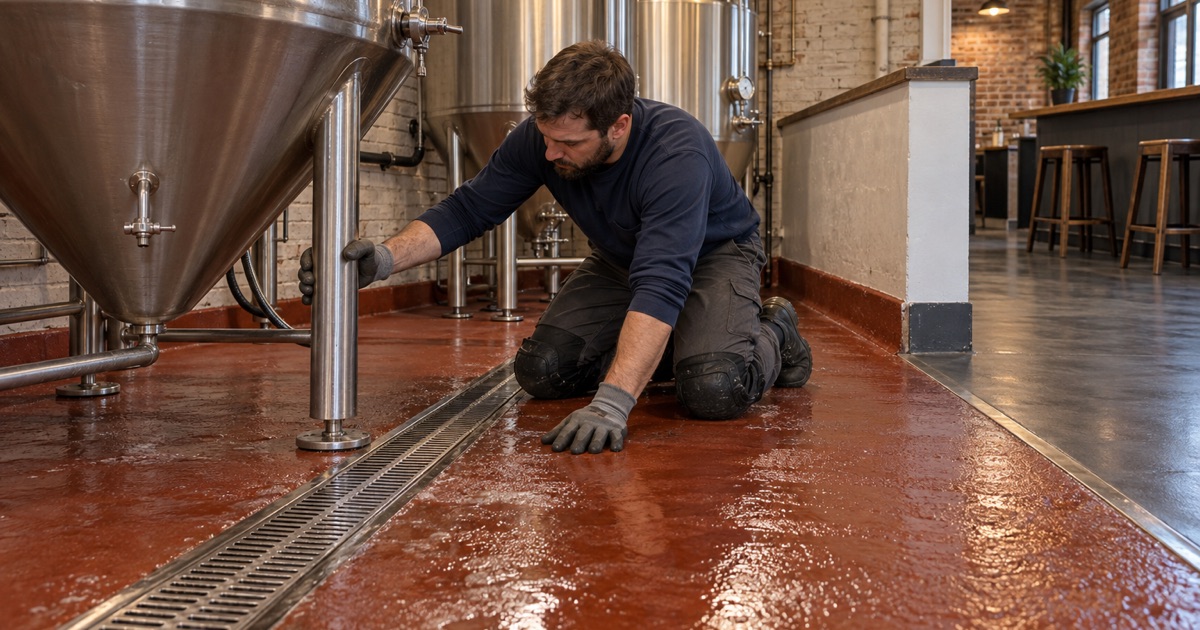 A wet brewhouse floor under stainless tanks in Brookfield, meeting the taproom floor at a straight transition.