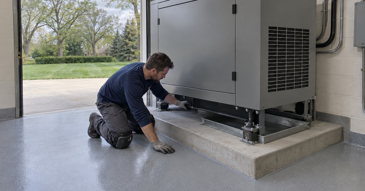 An oil-resistant gray epoxy floor around a standby generator behind the garage-style door of the Burr Ridge water centre.