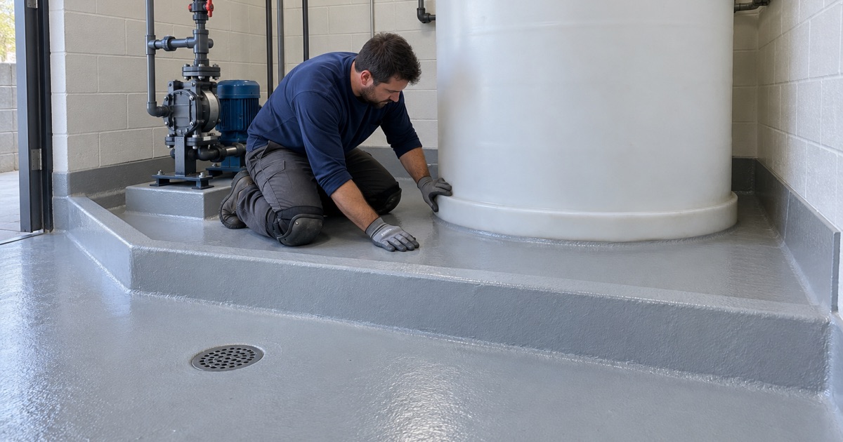 A smooth, slip-resistant coated floor inside a curbed containment basin in a chemical feed room at the Cary water plant.