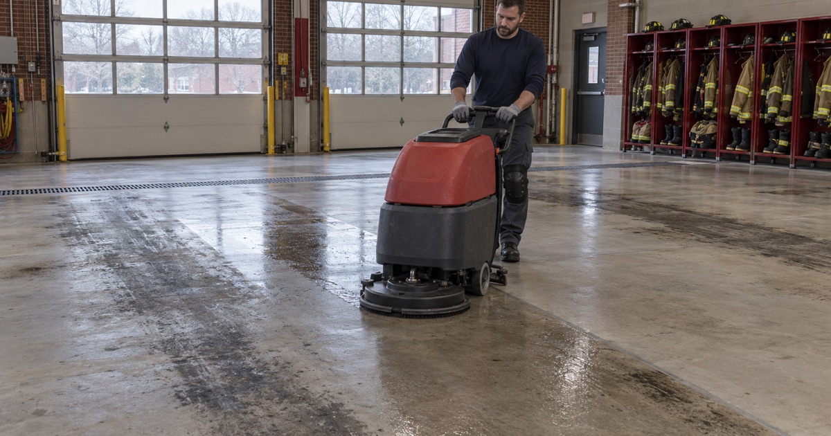 Exhaust and oil stains scrubbed off a Forest Park firehouse bay slab before a washable floor goes down