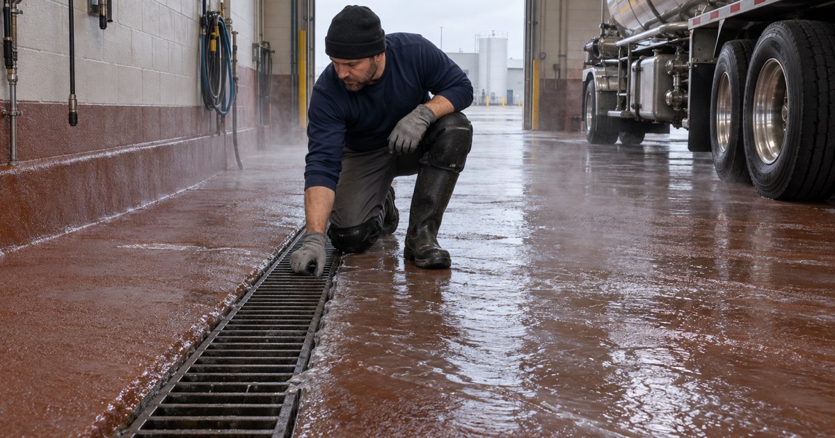 Hot rinse water steaming across a urethane cement wash-bay floor into its trench drain at a Franklin Park tank wash.