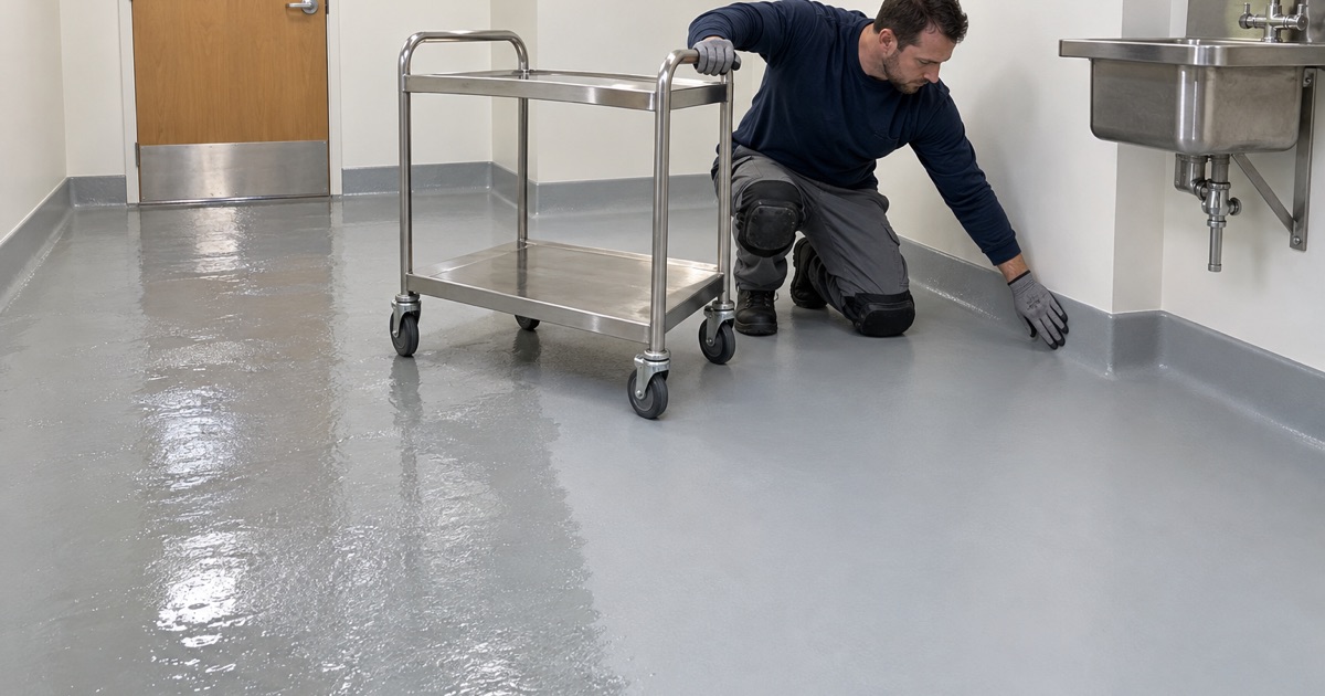 An unscratched seamless floor left to dry after disinfecting in a Hinsdale animal care room