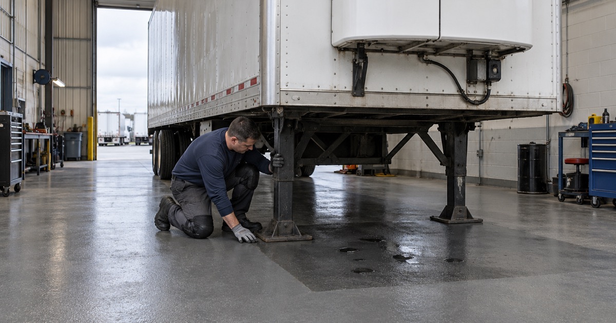 A reefer trailer resting on its landing gear on a sealed shop floor in Justice, the drip zone under the refrigeration unit.