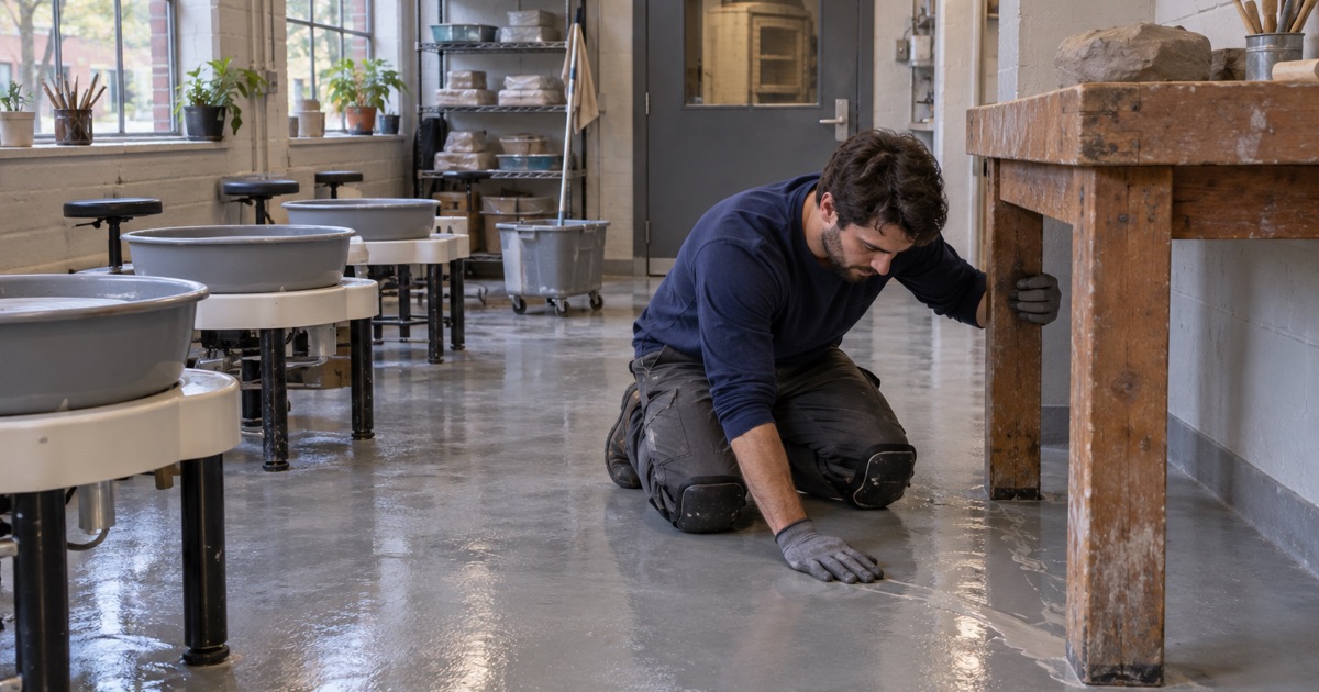 A sealed, seamless floor mopped wet between pottery wheels in a Lake Forest ceramics studio.