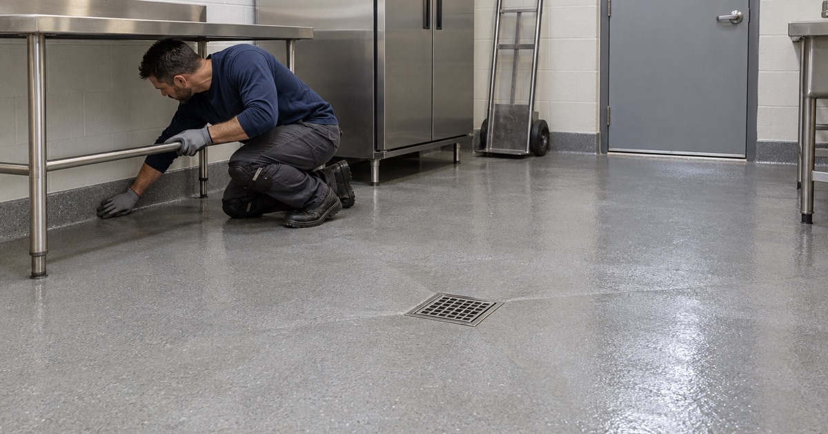 A slip-resistant coved floor by the coolers and hand cart in a Lake Zurich food pantry room