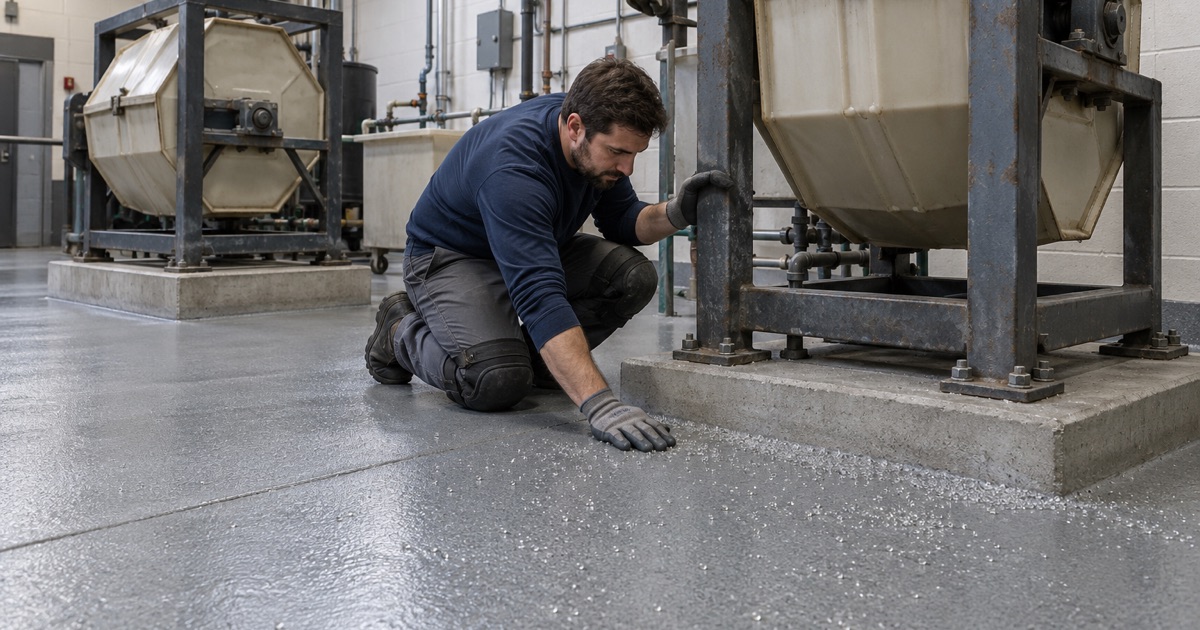 Loose glass impact beads on a textured epoxy floor beside a plating barrel in a Northlake finishing shop.