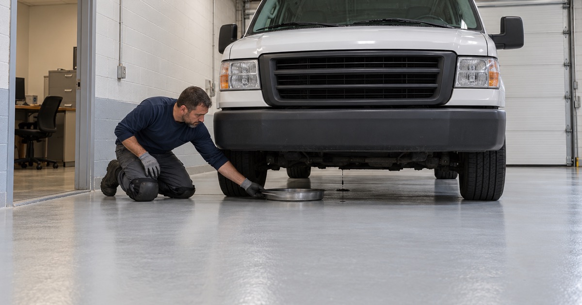 Where a River Forest village garage bay floor ends at a transition strip into the office