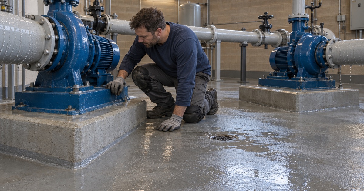 A slip-resistant equipment room floor sloped to its drain under the pumps in Round Lake