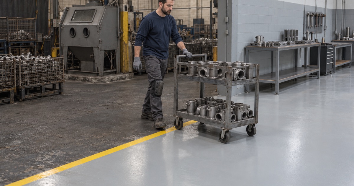 A Schiller Park remanufacturing floor zoned at a painted line, the darker teardown side meeting the light assembly side.