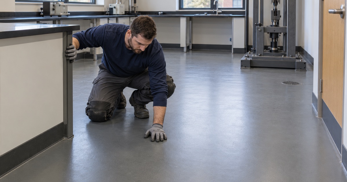 A hard seamless resin floor around the benches and a heavy test frame in a Warrenville materials-testing lab