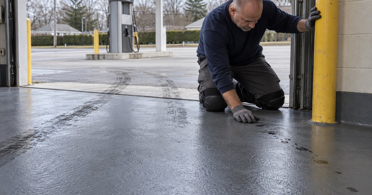 Tire tracks from the fuel island crossing a chemical-resistant epoxy garage floor at Westchester’s municipal garage.