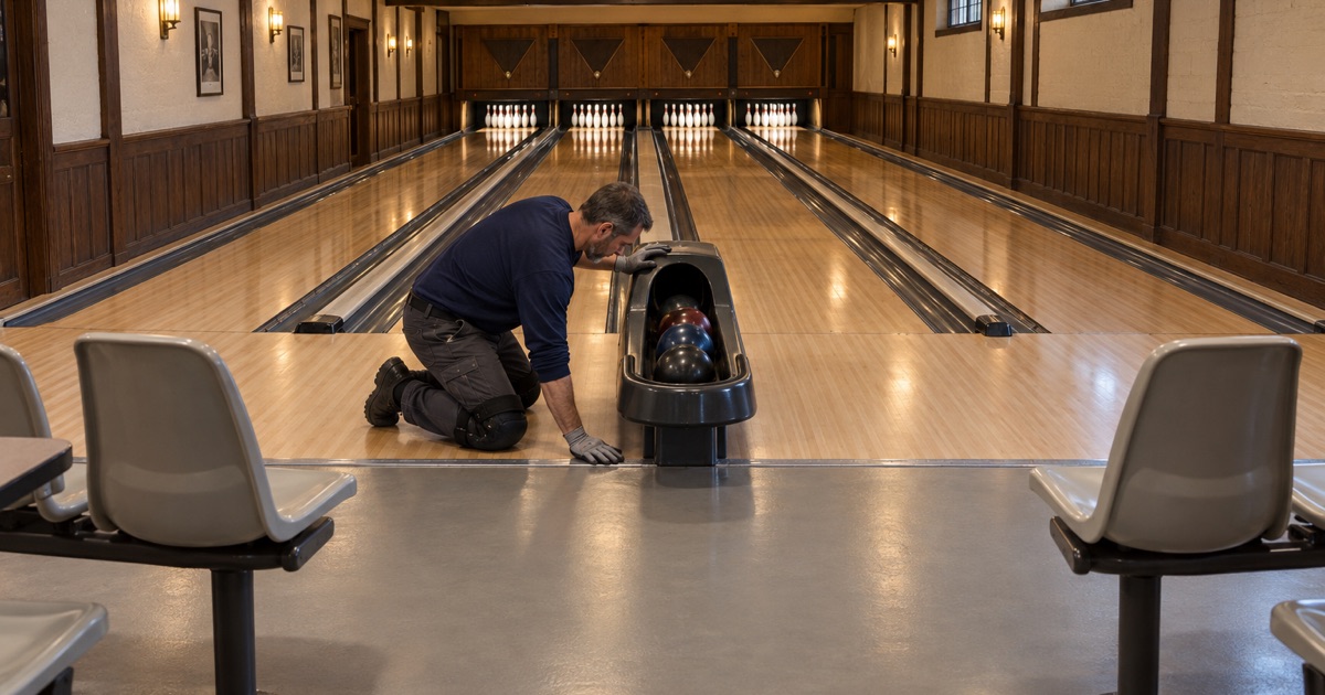 The coated floor behind a classic four-lane basement bowling alley in Western Springs, stopping clean at the wooden approach.