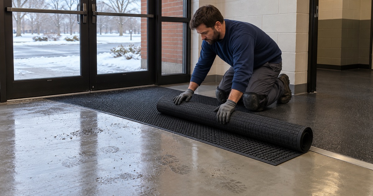 A resin street-shoe lobby floor ending where rubber flooring takes over in a Winnetka recreation building