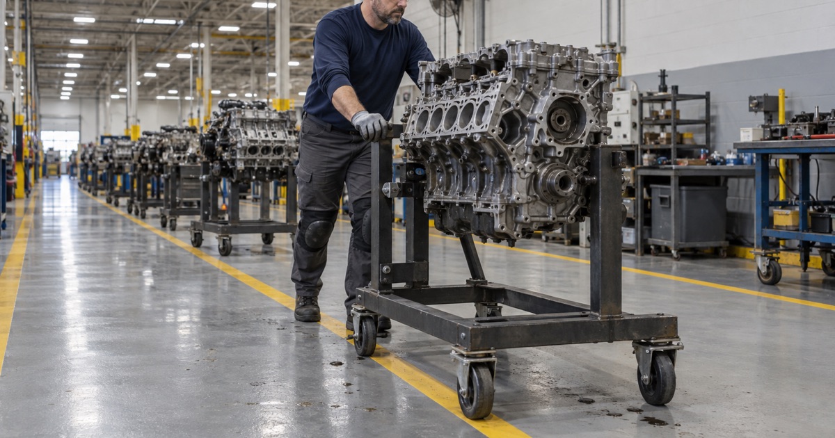An engine on a rolling stand being moved along a fluid-resistant epoxy aisle in a Wood Dale engine-dress plant.