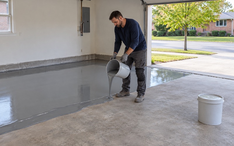 A gray epoxy body coat poured in a ribbon across a ground garage slab in a Mount Prospect split-level.