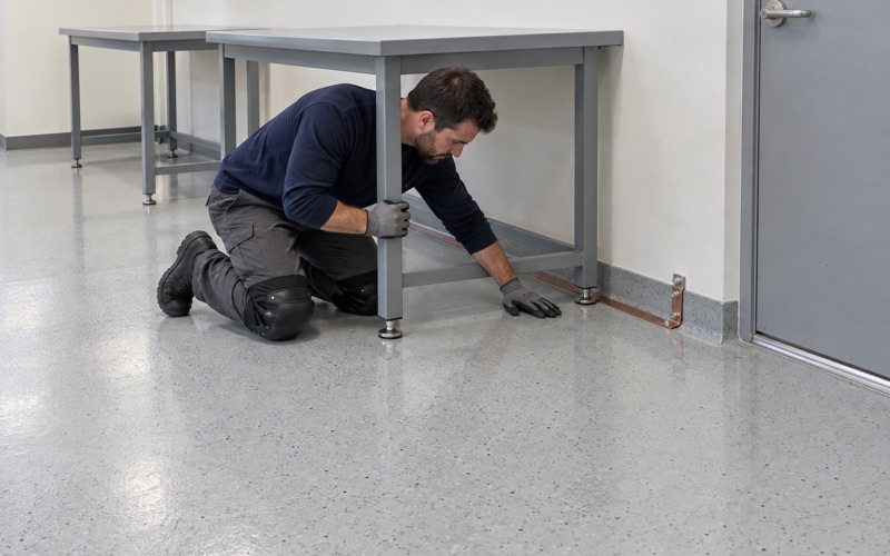 A static-dissipative epoxy floor bonded to its copper grounding strip under assembly benches in a Mount Prospect business park.