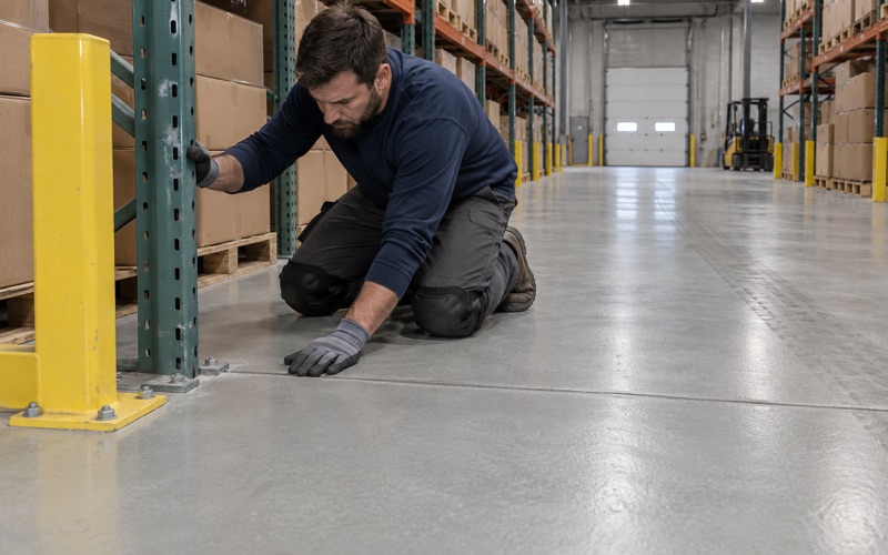 A forklift aisle in a Mount Prospect business park warehouse, its joints filled flush and the epoxy coating carried across them.