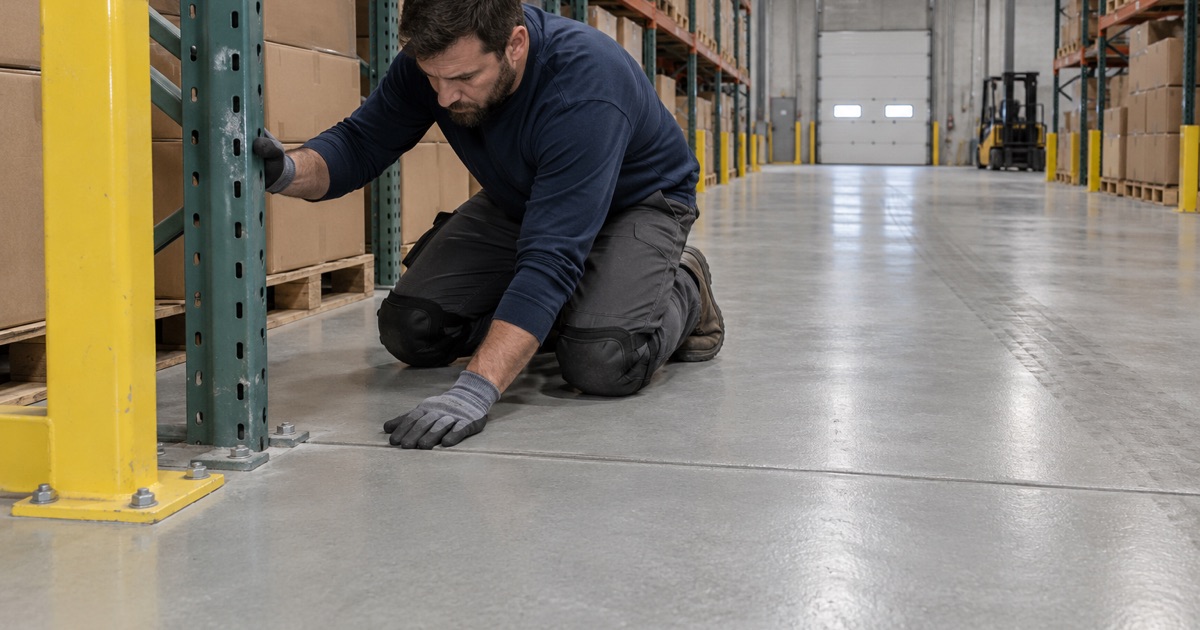 A forklift aisle in a Mount Prospect business park warehouse, its joints filled flush and the epoxy coating carried across them.