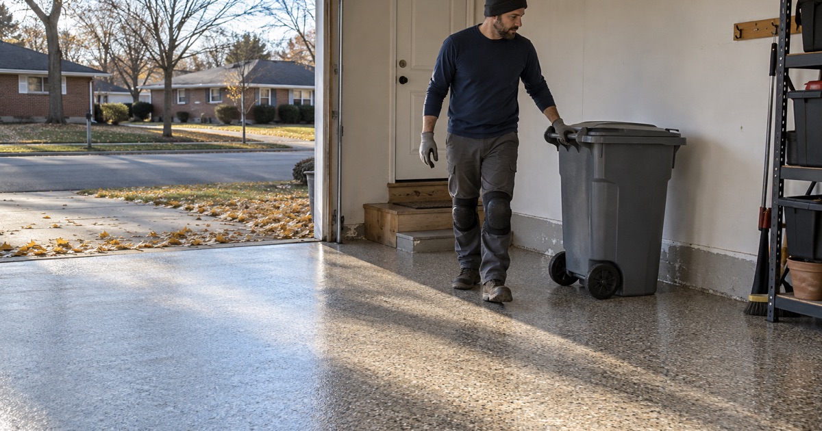 A trash cart rolled back onto a polyaspartic flake garage floor the same day it was coated, in a Mount Prospect ranch.